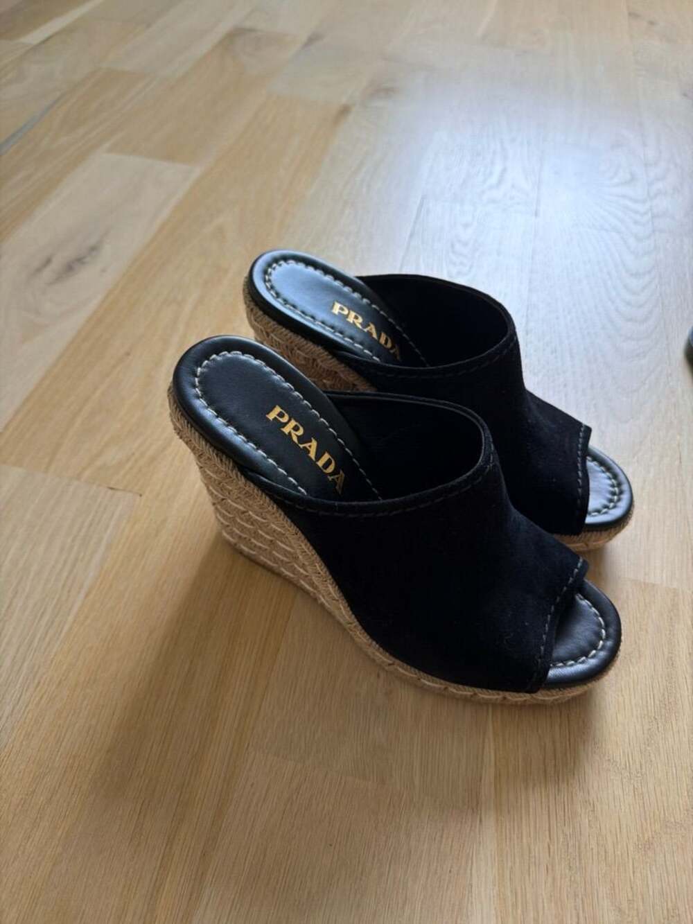Prada Black Suede Espadrille Wedge Mules